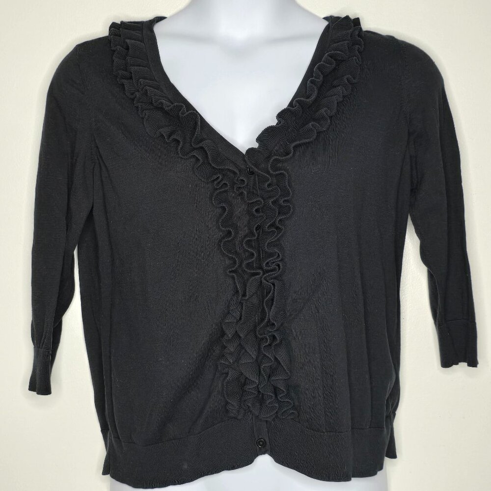 Talbots Cardigan Womens Size 1X Black Top Shirt 3/4 Sleeve Ruffles Pima Cotton